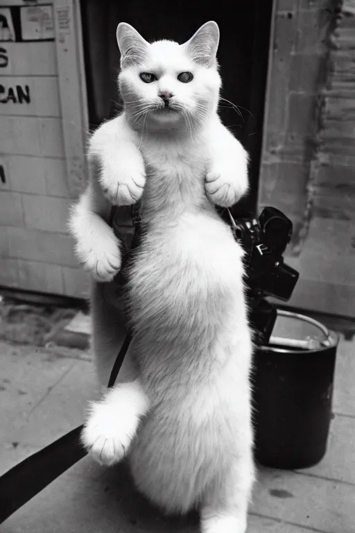 Image similar to leica s photograph, flashpoint flash, bruce gilden, kodachrome film, subject is a white furry cat in nyc