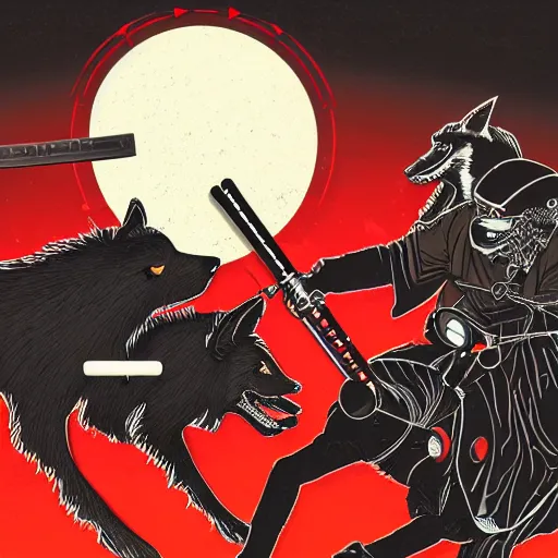 Prompt: An illustration of a mechanical punk motorcyclist carrying a samurai sword next to a black wolf on a red background, by matt griffin