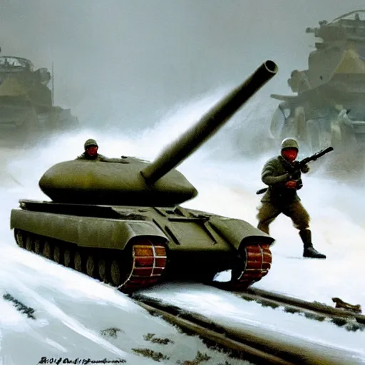 Image similar to greg manchess painting of a tank fight in the world war two in winter with a heavy snow storm, painting, trending on artstation, by huang guangjian and gil elvgren and sachin teng