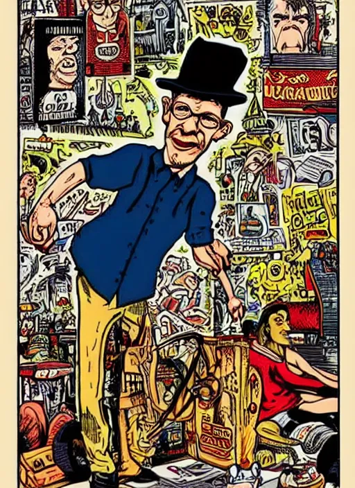 Prompt: caricature by robert crumb, graphic art on a plain background, subdued colors, detailed drawing