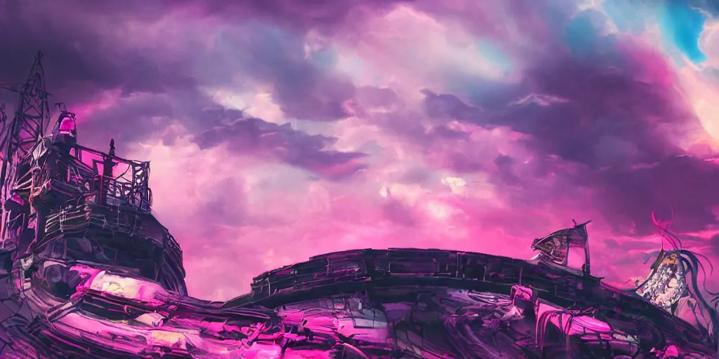 Image similar to punk big beautiful face, space, dungeon, pirate neon ship with punks on board, mohawks, neon, oil painting, pink, rich deep colors masterpiece, ultra detailed, contrast, heaven pink, lots of roman arches, punk rock with mohawks, clouds, sky, volumetric light, atmospheric lighting, dramatic, cinematic, moody, octane render 4 k, 8 k