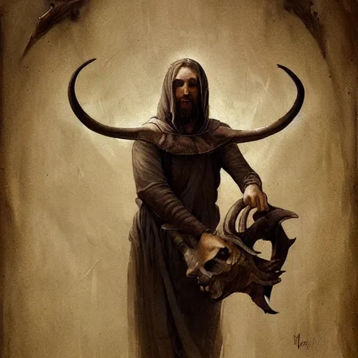 Image similar to man with goat horns holding an animal skull, style of da vinci, fantasy illustration, by greg rutkowski