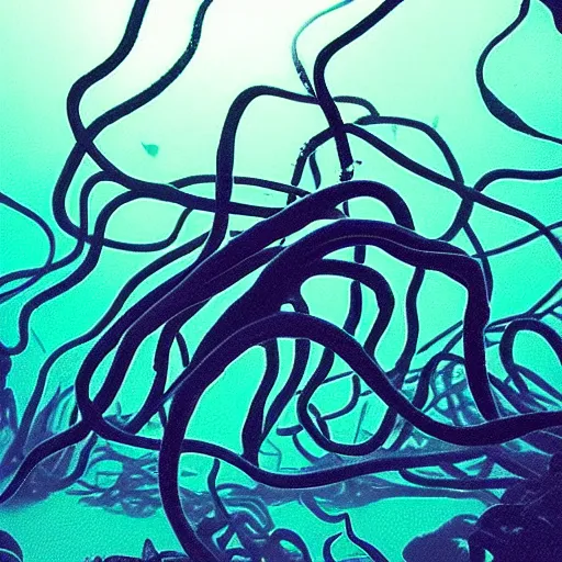 Image similar to “a swarm of black tentacles underwater, underwater photography, trending on artstation, crepuscular rays, deep blue dark water background, abyss, horror”