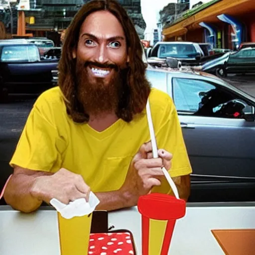 Prompt: Jesus on his lunch break at McDonald’s