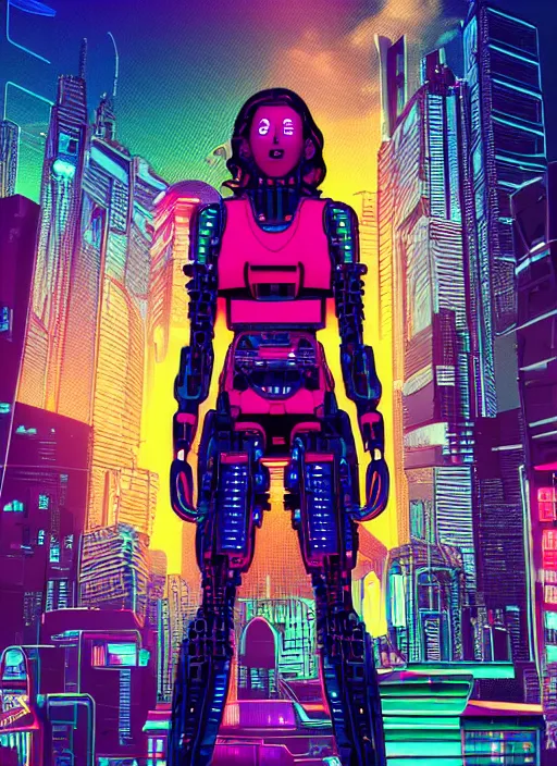 Prompt: a synthwave style style cyborg girl in a futuristic city