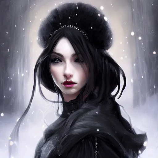 Prompt: beautiful girl, portrait, ice magic, long face, sharp features, black hair, dark robe, sharp focus, intricate, elegant, highly detailed, cgsociety, trending on artstation, dnd, castle background, warm light, concept art, illustration