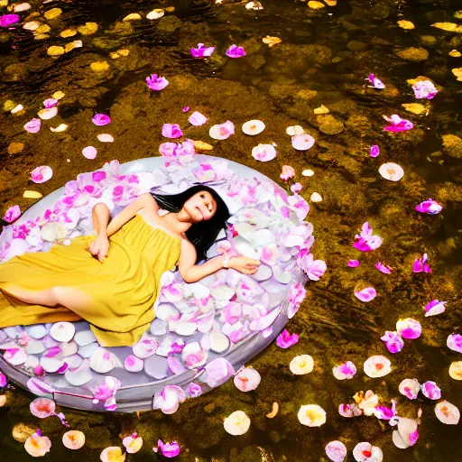 Prompt: a photo of an asian female model sleeping and floating in a pond filled with petals, cinematic lighting, golden hour