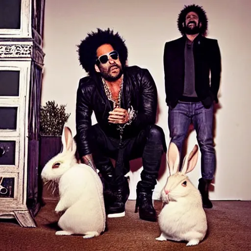 Prompt: photo of lenny kravitz and his amazing rabbits