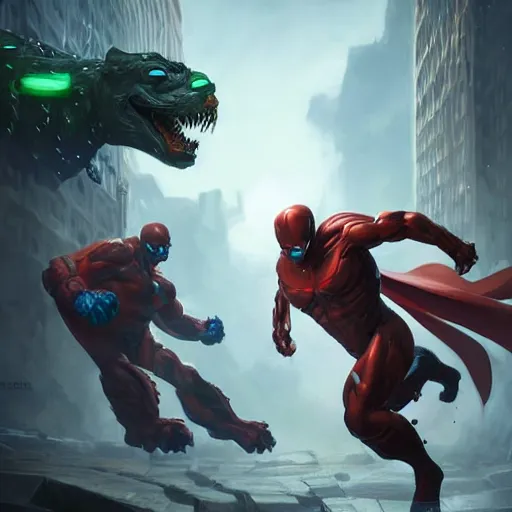 Image similar to comic book boss fight, highly detailed, professional digital painting, Unreal Engine 5, Photorealism, HD quality, 8k resolution, cinema 4d, 3D, cinematic, art by artgerm and greg rutkowski