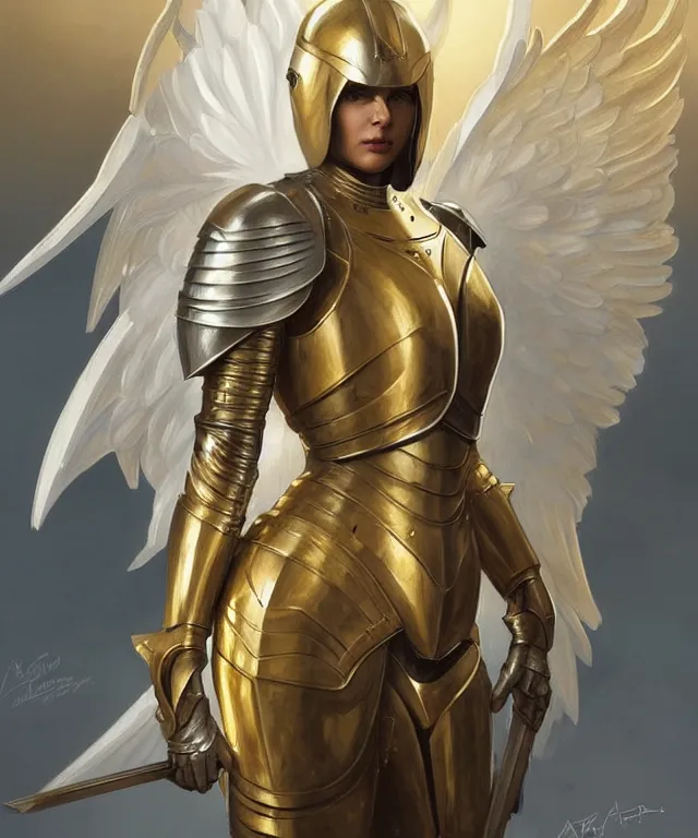 Image similar to Female knight angel in gold and silver armor, highly detailed, digital painting, artstation, concept art, smooth, sharp focus, illustration, art by artgerm and greg rutkowski and alphonse mucha