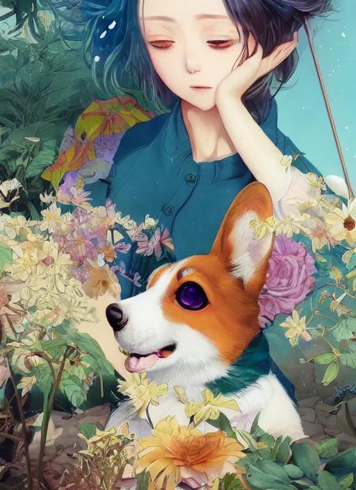 Image similar to beautiful fantasy anime painting of summer chill day with corgi, by Kenne Gregoire, James Jean, Tran Nguyen, WLOP, Jakub Rebelka. trending on Artstation, 8k, masterpiece, chill summer, graffiti paint, fine detail, full of color, intricate detail, golden ratio illustration