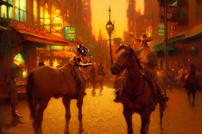 Prompt: western, night, neon light, painting by gaston bussiere, craig mullins, j. c. leyendecker