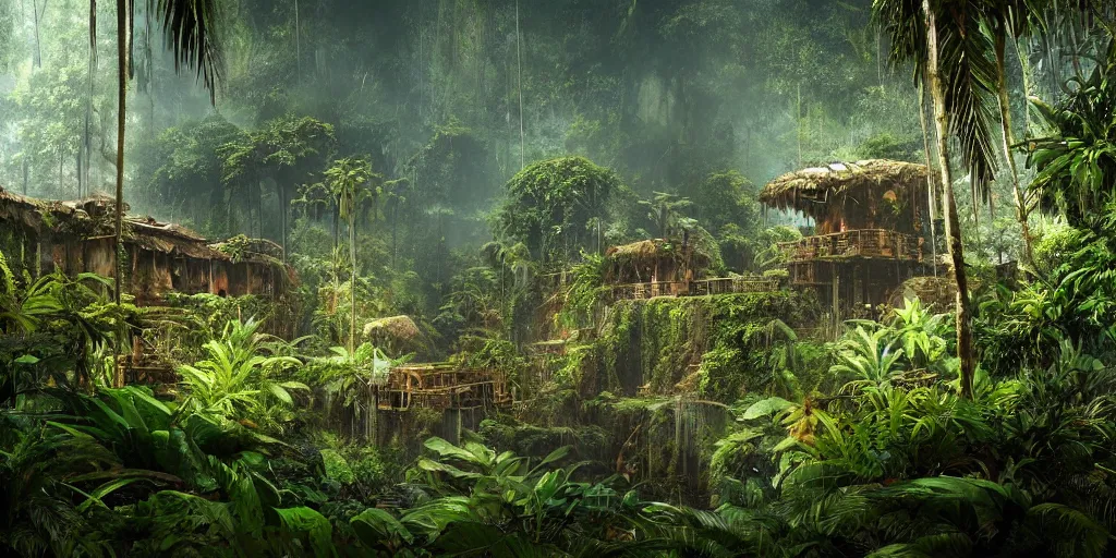 Image similar to amazon jungle, wall wood fortress, Photorealistic, plants environment, wide angle, establishing shot, cinematic lighting, atmospheric, realistic, octane render, highly detailed, color graded, matte painting in the style of craig mullins