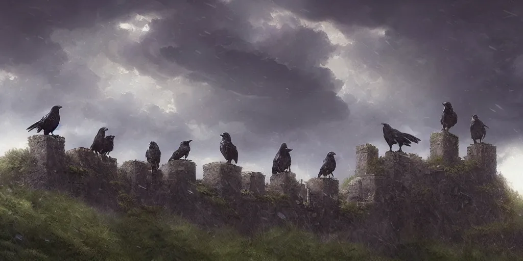 Image similar to A group of Ravens sit on a castle ramparts, dark fantasy, stormy sky, lightning, digital art by Greg Rutkowski and Studio Ghibli