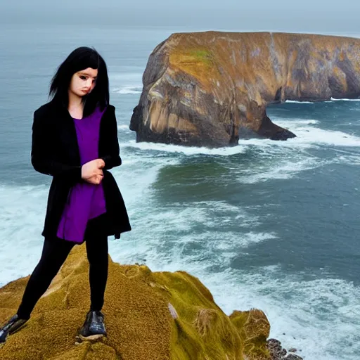 Image similar to 1 7 - year - old pale - skinned persian girl with black long bob cut, black gothic jacket, purple eyes, psychic girl, standing on cliff along the irish coast, overcast gray skies