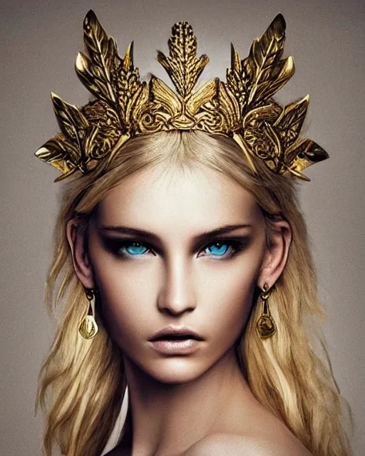 Image similar to tattoo sketch of beautiful super model aphrodite greek goddess wearing a gold laurel wreath and triangle earrings, beautiful piercing gaze with sharp pupils, beautiful blonde hair, in the style of greg rutkowski, fantasy, amazing detail, epic, elegant, smooth, sharp focus, front view