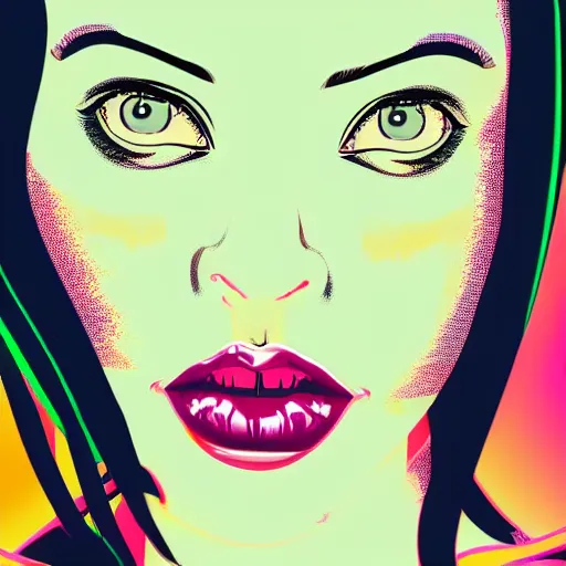 Image similar to a closeup of a woman biting her lip, in retro colors, synthwave style, 2 d digital vector art