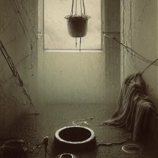 Prompt: detailed painting of a laundry room in a capsule by beksinski, filigree ornaments, fog, andreas achenbach,