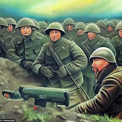 Image similar to Putin is sitting in the trenches and defending himself from Ukrainian troops, Retro futuristic painting style