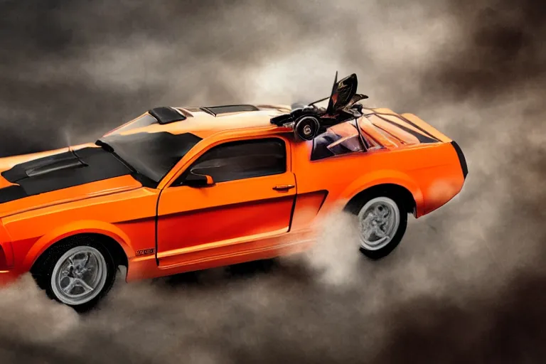 Prompt: a photo hyperrealistic flying bright orange Ford Mustang spaceship