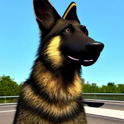 Image similar to police dog german sheperd, 3 d model, cartoony, unreal engine, 4 k, artstation, hyperrealistic, ultra quality, blue uniform, badge on collar, pixar, on a highway offramp