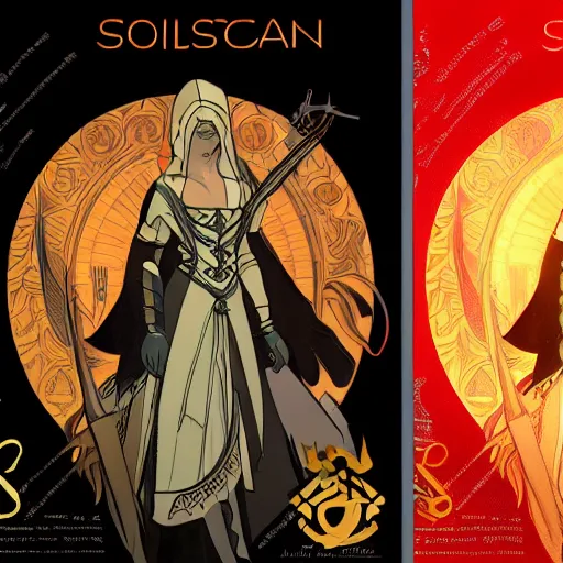 Image similar to an ultra detailed vector image of solare of astora dressed as ezio auditore, concept art by alphonse mucha and greg rutkowski, praise the blood moon, octane render, liminal space