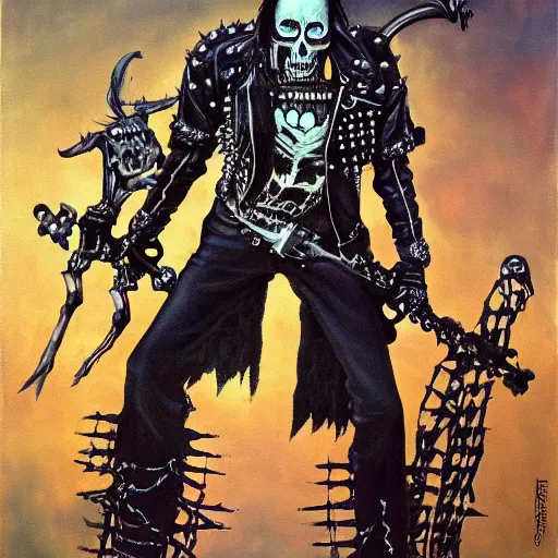 Prompt: a portrait of the grim reaper as a punk rocker, punk, skeleton face, mohawk, dark, fantasy, leather jackets, spiked collars, spiked wristbands, piercings, boots, guitars, motorcycles, ultrafine detailed painting by frank frazetta, detailed painting