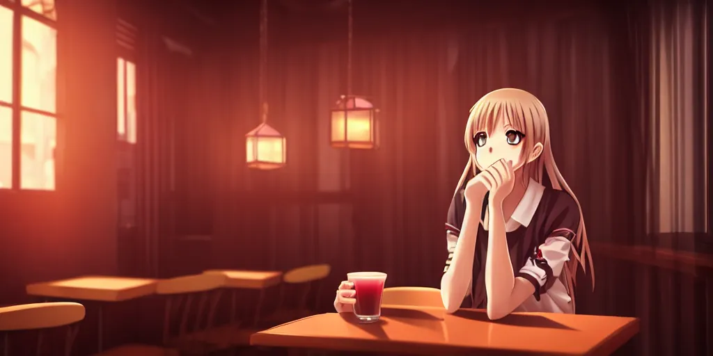 Prompt: anime girl sitting and drinking in a cozy bar, 6, volumetric lighting, symmetrical face, detailed face, hyper real, pencil art, moody lighting, cute, comfy