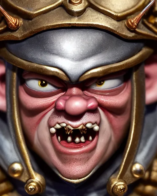 Image similar to highly detailed closeup, face profile portrait of a tin toy matt damon as a medieval demon with horns eating cakes in a castle, hyper realistic, artstation, illustration, nicoletta ceccoli, mark ryden, lostfish, dan decarlo, bob clampett, max fleischer, digital paint, matte paint, vivid colors, detailed and intricate environment