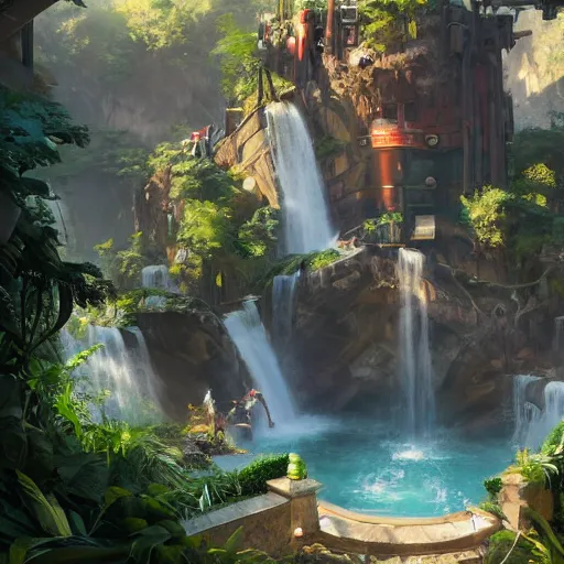 Prompt: roughly cylindrical overwatch headquarters carved inside a mountain surrounding a lush well kept garden, central waterfall, magical, natural light, fantasy, sharp focus, concept art, by greg rutkowski and craig mullins, cozy atmospheric