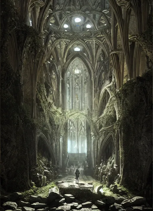 Image similar to medieval adventurers in lord of the rings scenery landscape, inside an enormous overgrown cathedral made of bones, water, reflections, magic portal,, highly detailed, cinematic lighting, vivid colors, perfect composition, 4 k, gustave dore, derek zabrocki, greg rutkowski, belsinski, octane render