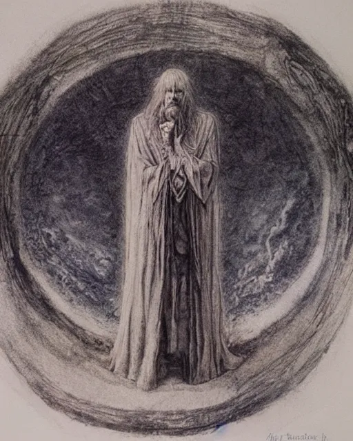 Prompt: a druid standing in a circle at the beginning of the world by alan lee