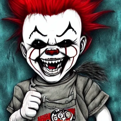 Image similar to grunge drawing of a happy chucky in the style of loony toons | horror themed | pennywise style