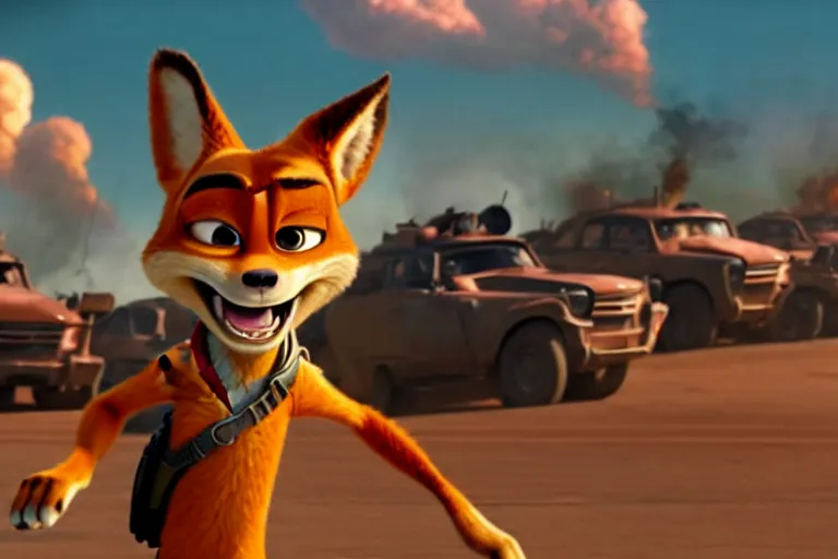 Image similar to nick wilde ( from zootopia ), heavily armed and armored facing down armageddon in a dark and gritty reboot from the makers of mad max : fury road : witness me