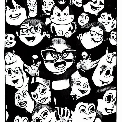 Image similar to black and white illustration of Alvin and the Chipmunks in the style of Junji Ito