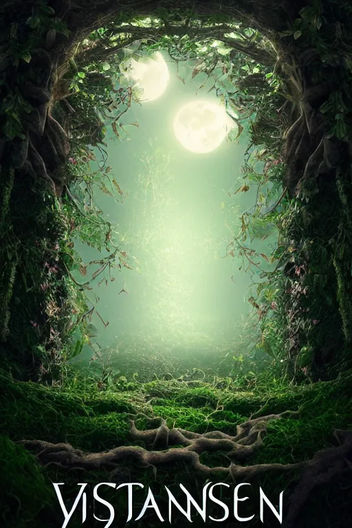 Image similar to book cover artwork!!!, ivy on the right side and left side, high quality fantasy stock photo, unsplash transparent, forest and moon, intricate detail, elegant, hyper realistic, ultra detailed, octane render, volumetric cinematic lighting, 8 k post - production