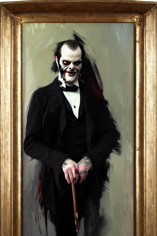 Image similar to impressionist brushstrokes!!!! beeple and richard schmid and jeremy lipking victorian loose genre loose painting full length portrait painting of a victorian male vampire ( ( jack nicholson ) )