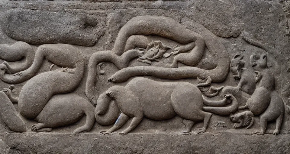 Prompt: Stone bas-relief of a Capybara, on wall of Sri Dalada Maligawa, Temple of Buddha tooth, Kandy, Sri Lanka