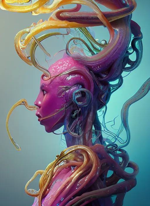 Image similar to subsurface scattering, medusa made of soft wax, cgsociety, translucent, organic squid art nouveau swirls, biomechanical, colored smoke, gold cables, in the style of alberto seveso and ruan jia and beeple and giger, mystical colors, back light, rim light, dramatic lighting, 8 k, stunning scene, raytracing, octane render