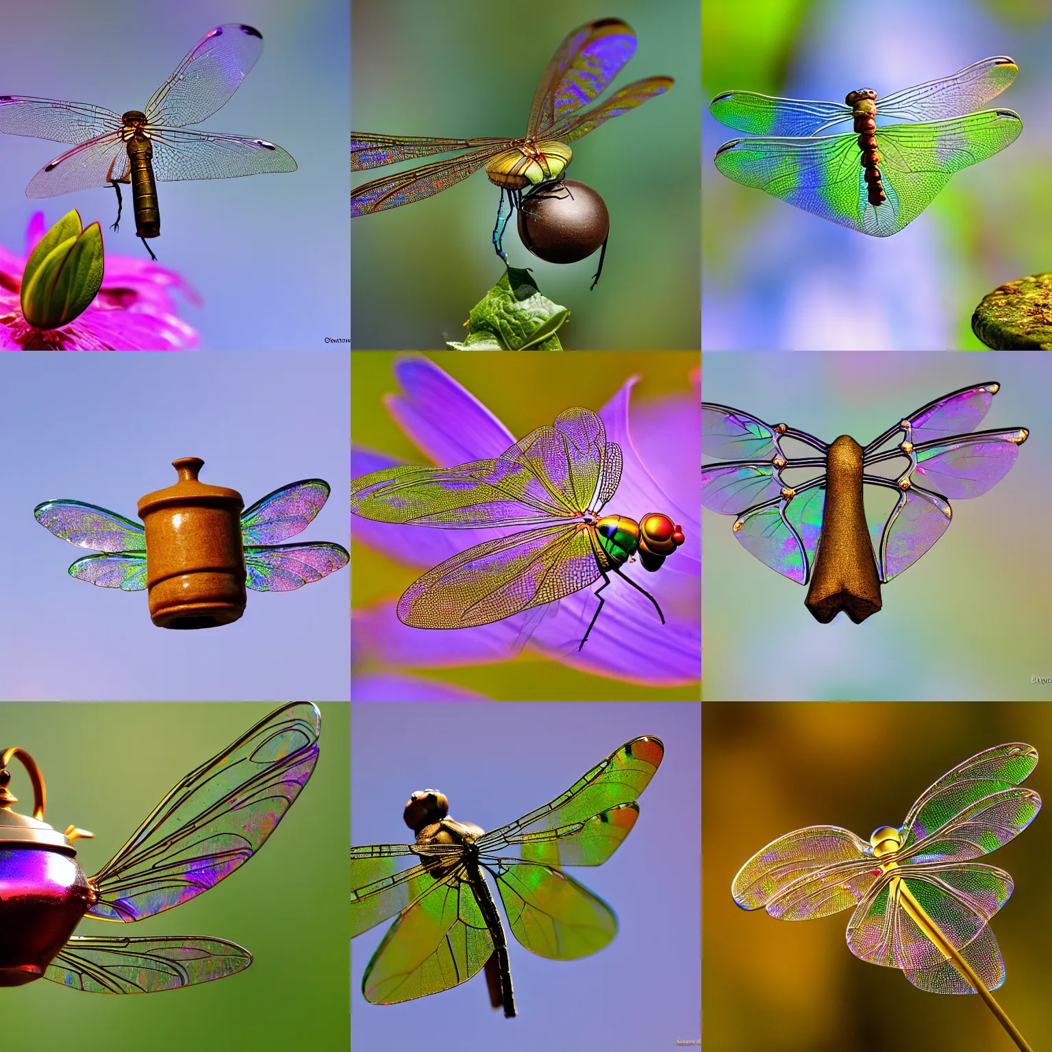 Prompt: Nature photo of a teapot-like flying teapot-Dragonfly with iridescent gossamer wings