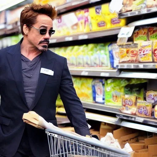 Prompt: robert downey jr. as tony stark working at kroger