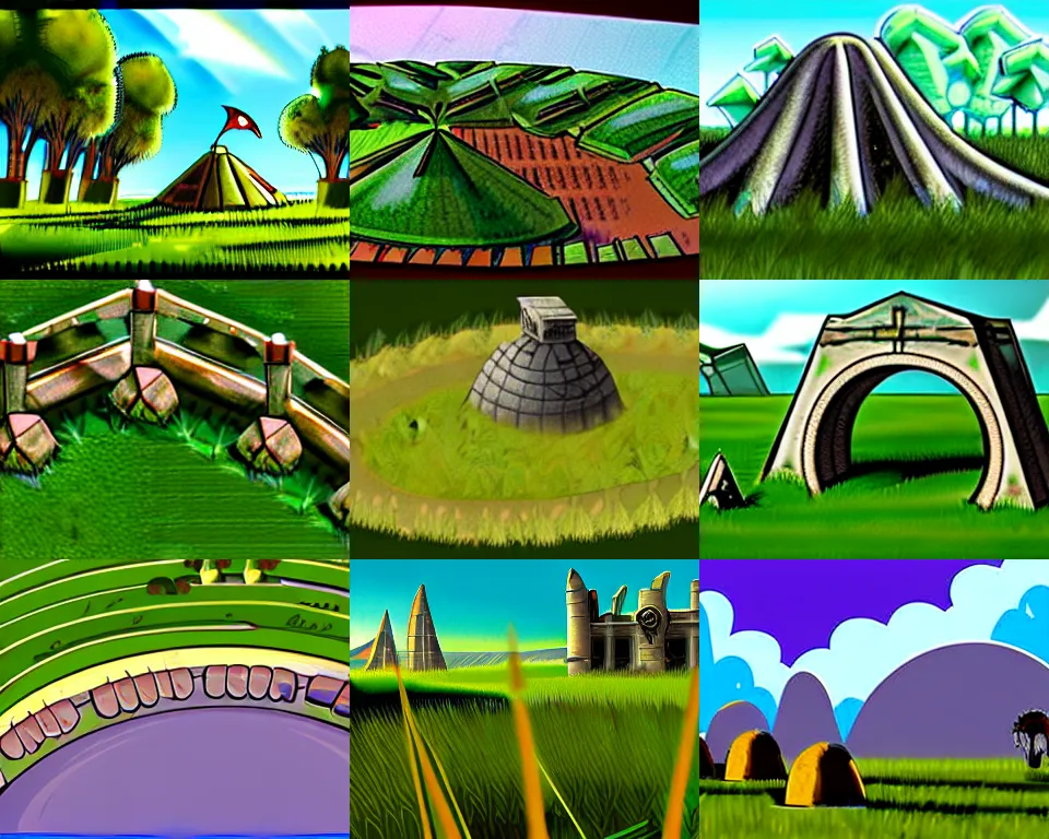 Prompt: concept art of an empty grass field with the destroyed ruins of a small circular structure, from a fantasy themed serria point and click 2 d graphic adventure game, made in 1 9 9 9, high quality graphics