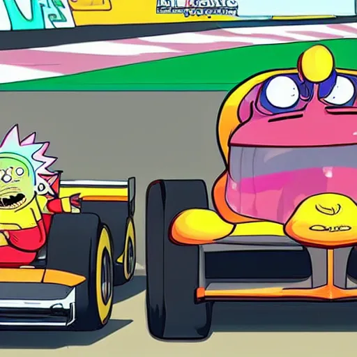 Prompt: formula 1 race, rick and Morty style