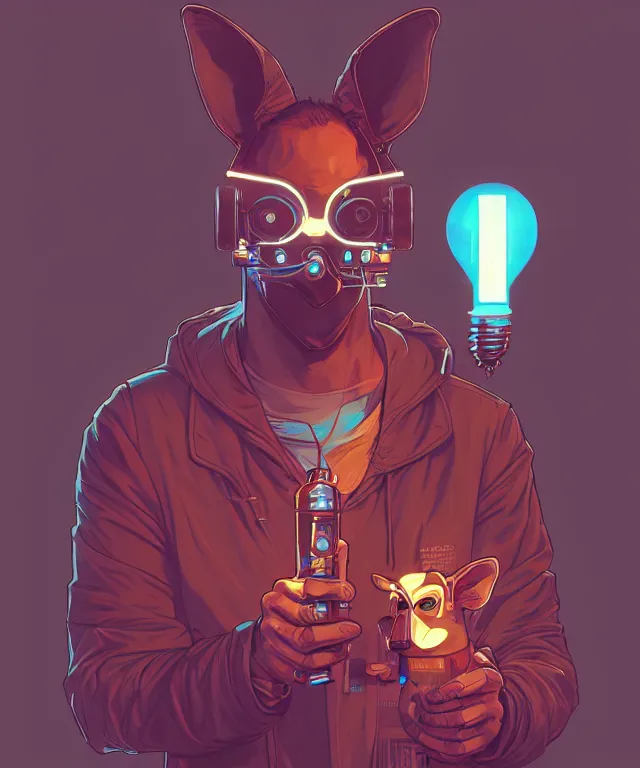 Prompt: a portrait of a cyberpunk kangaroo holding a light bulb, fantasy, elegant, digital painting, artstation, concept art, matte, sharp focus, illustration, art by josan gonzalez