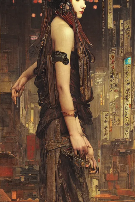 Image similar to cyberpunk ancient japanese city, orientalist intricate portrait by john william waterhouse and edwin longsden long and theodore ralli and nasreddine dinet, hyper realism, dramatic lighting