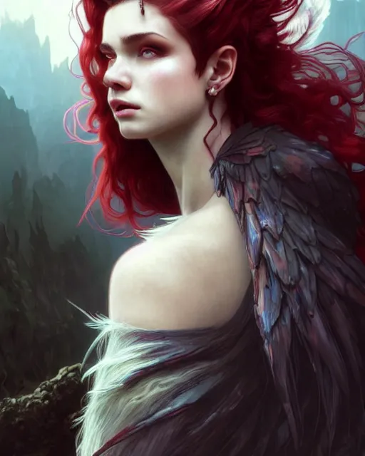 Prompt: cinematic side portrait rugged angel girl, adventurer outfit large cloak, fantasy forest landscape, dragon scales in hair, fantasy magic, undercut hairstyle, short red black fade hair, dark light night, intricate, elegant, sharp focus, illustration, highly detailed, digital painting, concept art, matte, art by WLOP and Artgerm and Greg Rutkowski and Alphonse Mucha, masterpiece