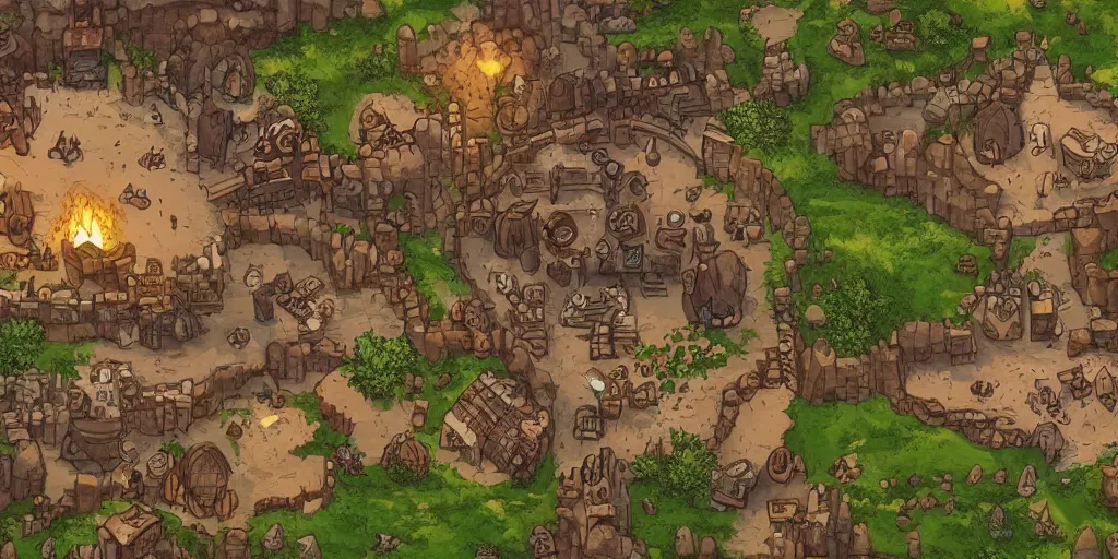 Prompt: A high detailed vector art presenting an aerial view of a cartoonish RPG tavern by dungeondraft, dofus, Patreon content, containing tables and walls, HD, straight lines, vector, grid, dnd map, map patreon, fantasy maps, foundry vtt, fantasy grounds, aerial view ,dungeondraft , tabletop, inkarnate, dugeondraft, roll20
