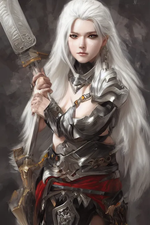 Image similar to A realistic anime portrait of a white haired female barbarian wearing an intricate armor, digital painting, by Stanley Artgerm Lau, Sakimichan, WLOP and Rossdraws, digtial painting, trending on ArtStation, SFW version