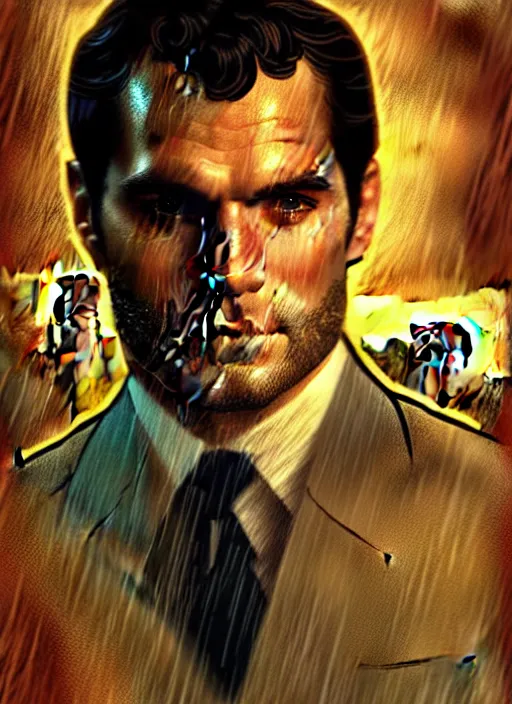 Image similar to portrait of henry cavill as james bond, casino, rain, fire, highly detailed, digital painting, artstation, concept art, cinematic lighting, sharp focus, illustration, by gaston bussiere alphonse mucha