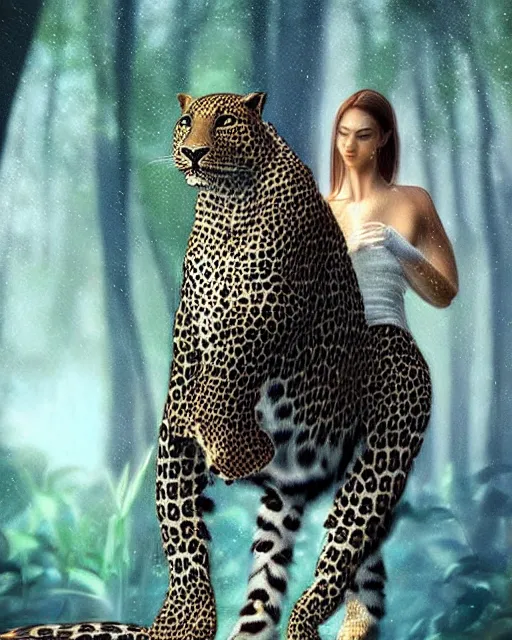 Image similar to beautiful woman riding a leopard thru a crystal forest, hyperreal, Artstation, atmospheric, photorealistic